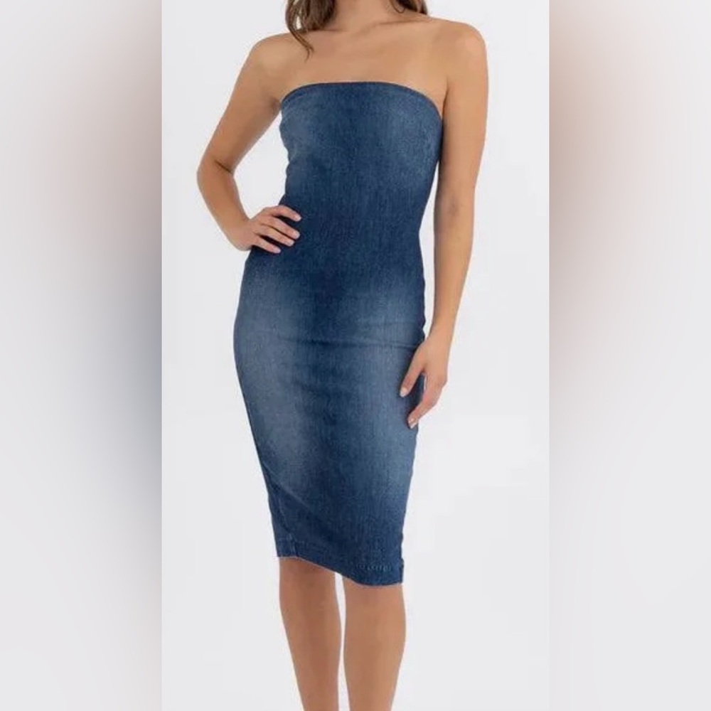 Level 99 Strapless Denim Midi Dress in Dark Blue